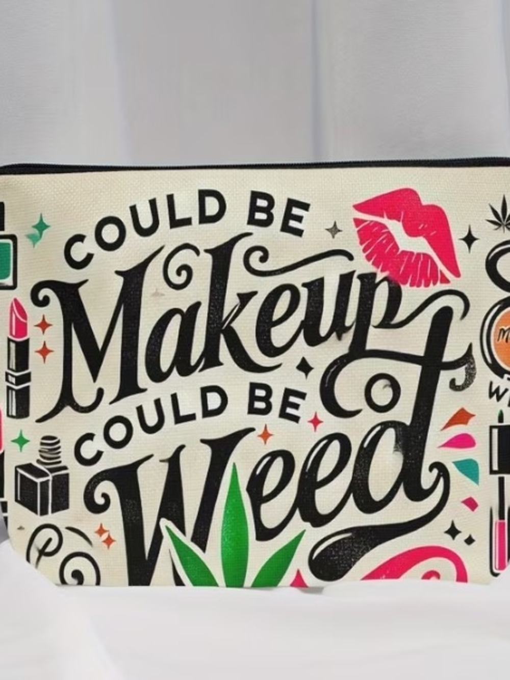 Canvas Cosmetic Pouch - Black & Cream Could Be Makeup Could Be Weed - Picture 2 of 6